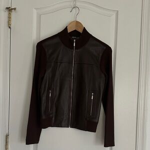 Style&Co Brown Leather Jacket & ribbed wool mock neck zip front jacket Petite S